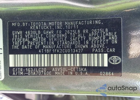 2012 Toyota Camry Se from USA, damaged, VIN 4T1BF1FK2CU013427